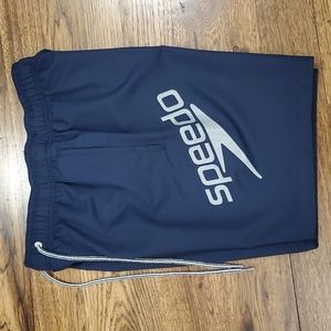 Mens Speedo navy blue, gray, and white swim trunks size S